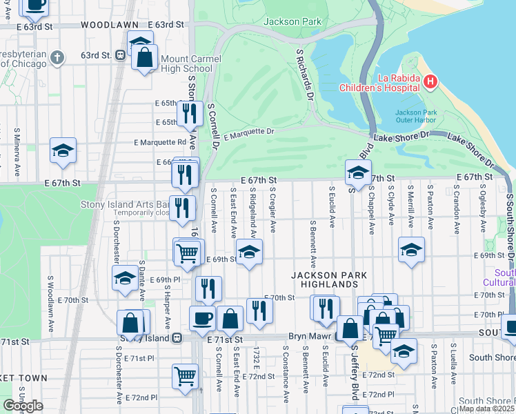 map of restaurants, bars, coffee shops, grocery stores, and more near 6739 South Ridgeland Avenue in Chicago