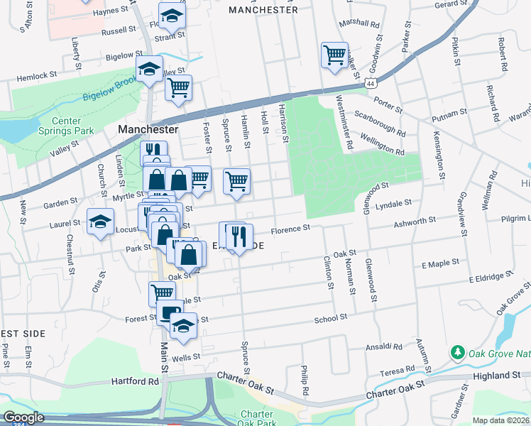 map of restaurants, bars, coffee shops, grocery stores, and more near 134 Birch Street in Manchester