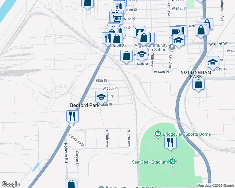 map of restaurants, bars, coffee shops, grocery stores, and more near 7700 66th Street in Bedford Park