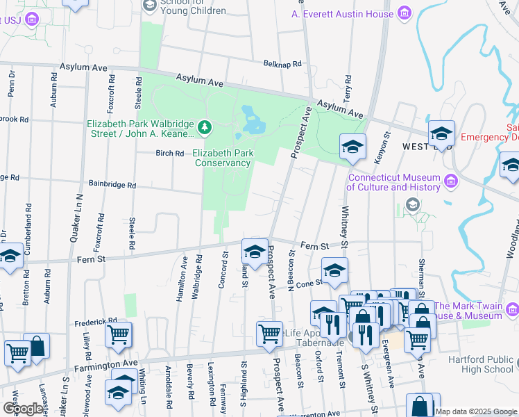 map of restaurants, bars, coffee shops, grocery stores, and more near 791 Prospect Avenue in Hartford