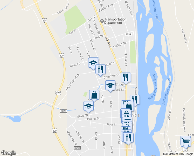 map of restaurants, bars, coffee shops, grocery stores, and more near 110 North 4th Street in Towanda