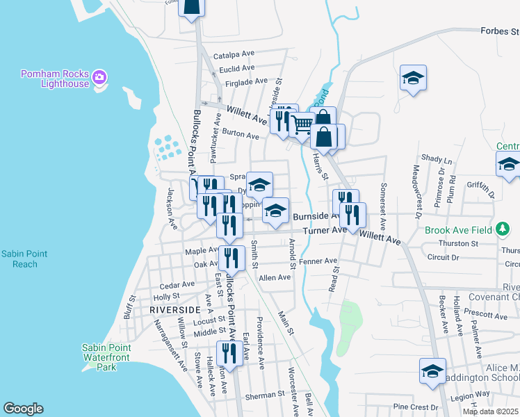 map of restaurants, bars, coffee shops, grocery stores, and more near 33 Hoppin Avenue in East Providence