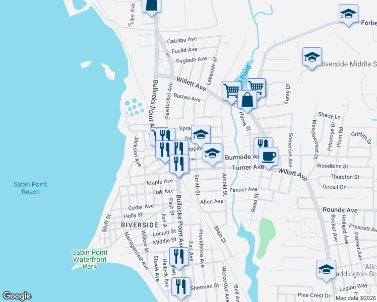 map of restaurants, bars, coffee shops, grocery stores, and more near 25 Hoppin Avenue in East Providence