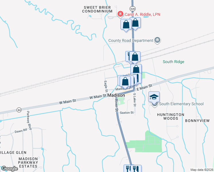 map of restaurants, bars, coffee shops, grocery stores, and more near 52 Eagle Street in Madison