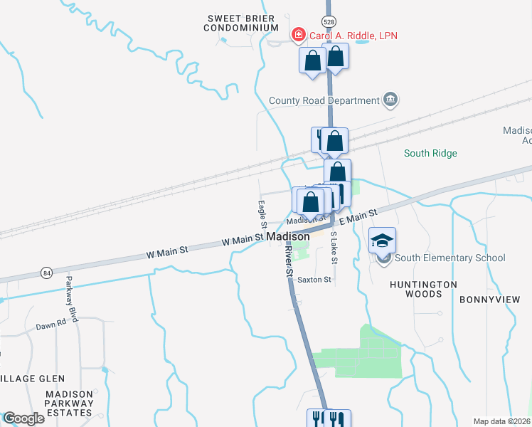 map of restaurants, bars, coffee shops, grocery stores, and more near 52 Eagle Street in Madison