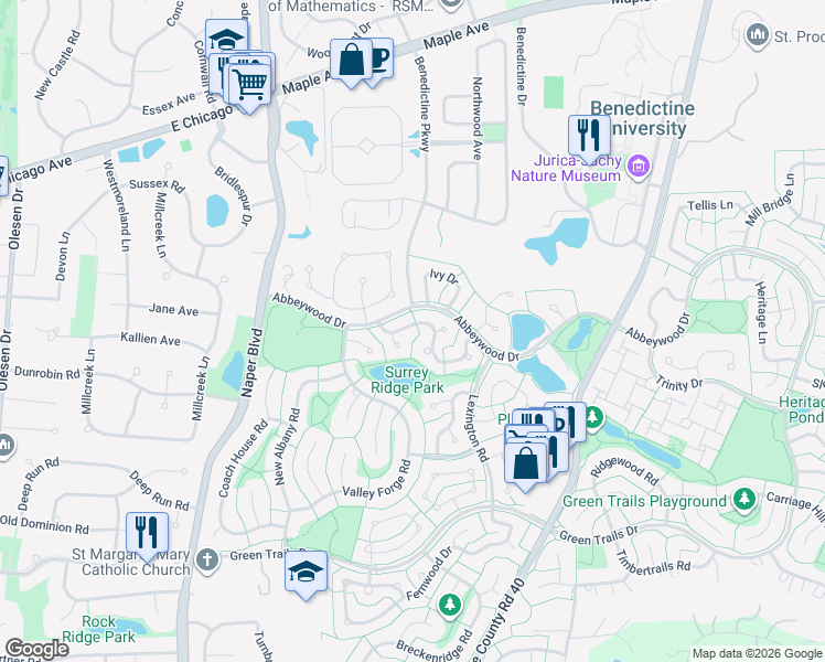 map of restaurants, bars, coffee shops, grocery stores, and more near 2703 Longview Drive in Lisle