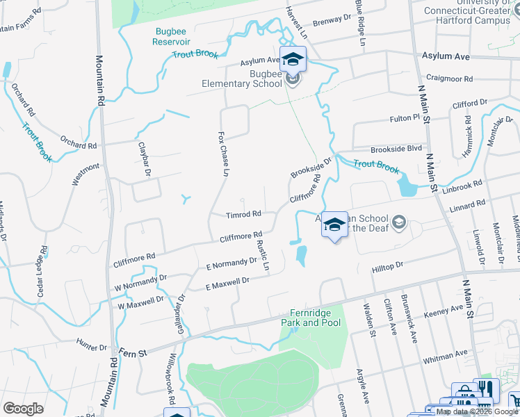 map of restaurants, bars, coffee shops, grocery stores, and more near 12 Timrod Road in West Hartford