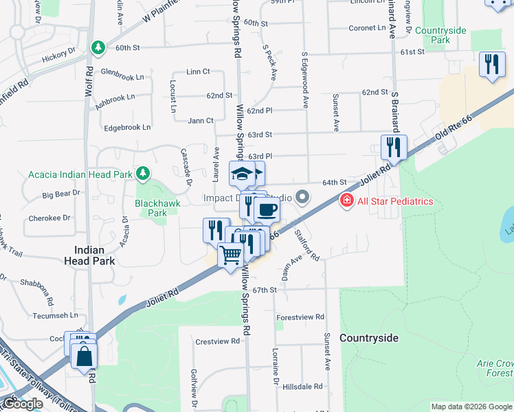 map of restaurants, bars, coffee shops, grocery stores, and more near 10764 Clock Tower Drive in Countryside