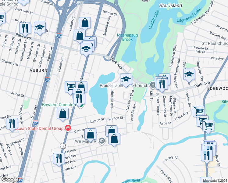 map of restaurants, bars, coffee shops, grocery stores, and more near 64 Lakeside Avenue in Cranston
