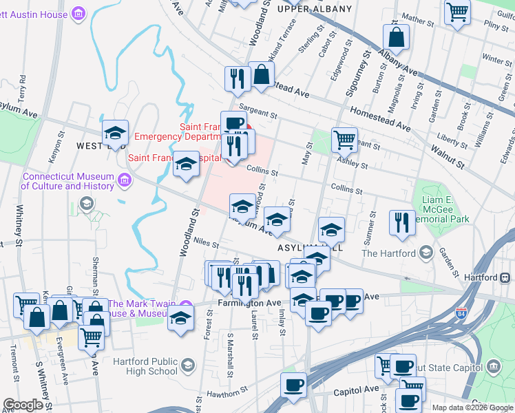map of restaurants, bars, coffee shops, grocery stores, and more near 2 Atwood Street in Hartford