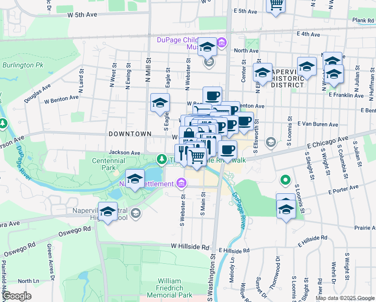 map of restaurants, bars, coffee shops, grocery stores, and more near 106 Jackson Avenue in Naperville