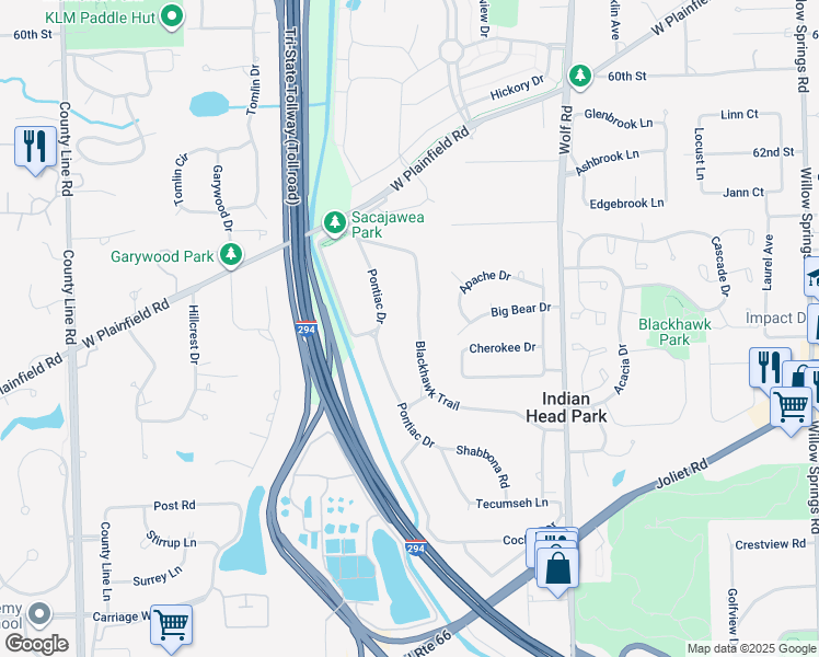 map of restaurants, bars, coffee shops, grocery stores, and more near 6372 Blackhawk Trail in Indian Head Park