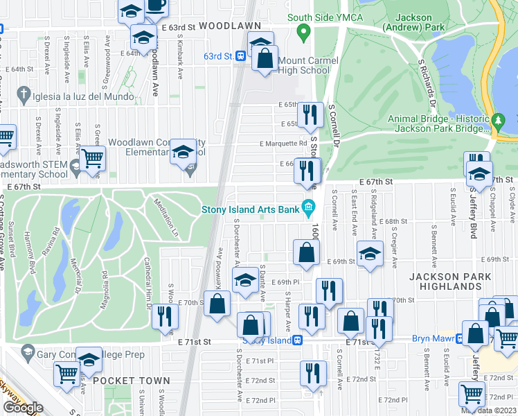 map of restaurants, bars, coffee shops, grocery stores, and more near 1435 East 67th Place in Chicago