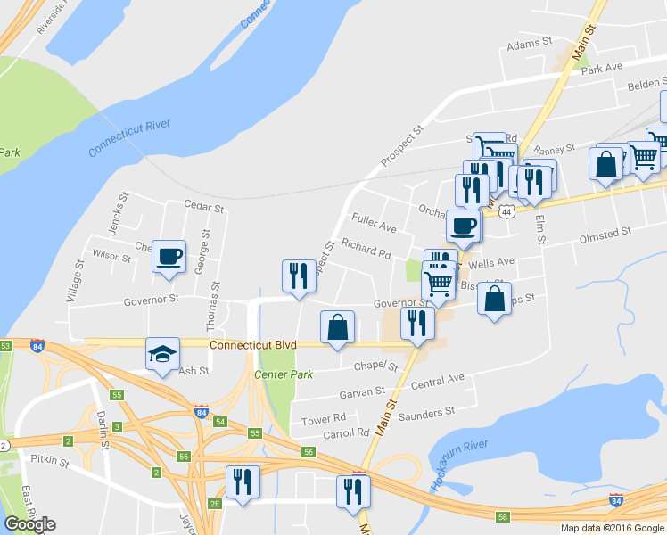 map of restaurants, bars, coffee shops, grocery stores, and more near 9 Ellsworth Street in East Hartford