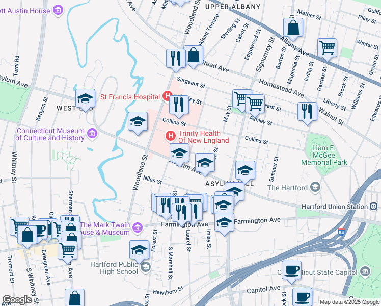 map of restaurants, bars, coffee shops, grocery stores, and more near Townley Street in Hartford