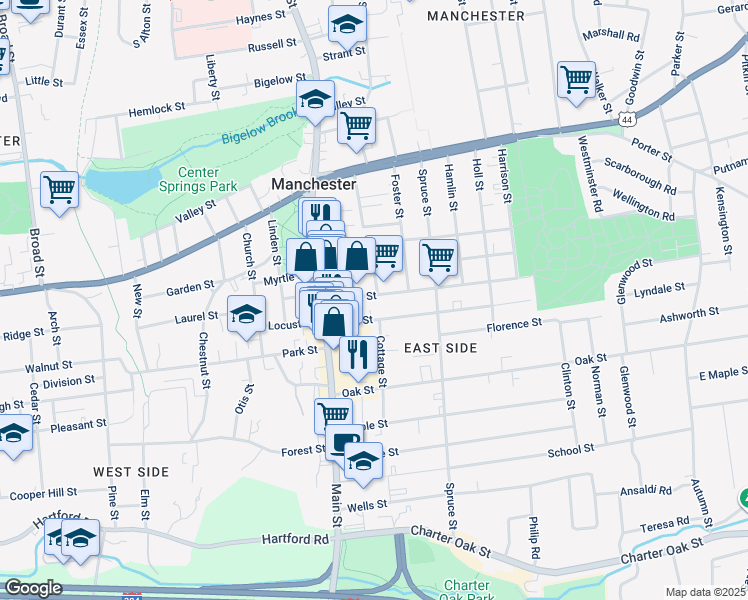 map of restaurants, bars, coffee shops, grocery stores, and more near 44 Bissell St in Manchester