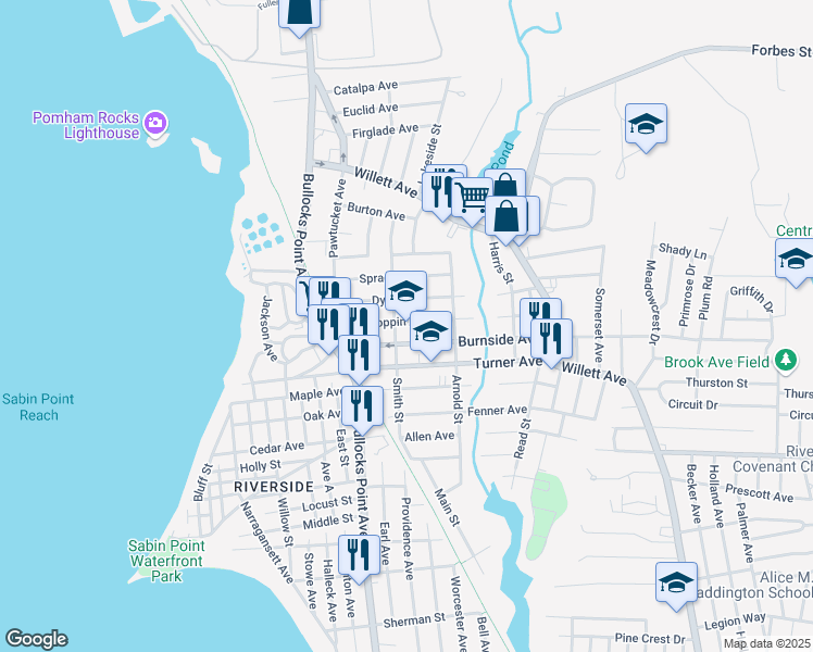 map of restaurants, bars, coffee shops, grocery stores, and more near 58 Burnside Avenue in East Providence