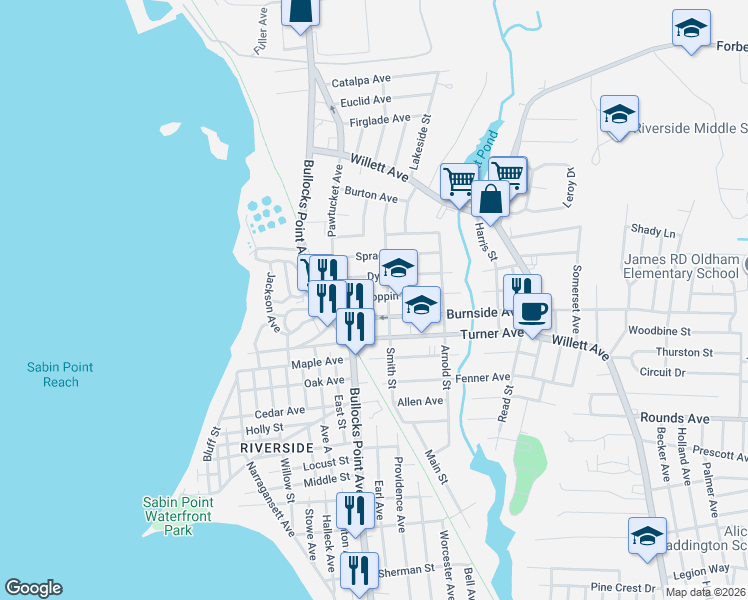 map of restaurants, bars, coffee shops, grocery stores, and more near 25 Hoppin Avenue in East Providence