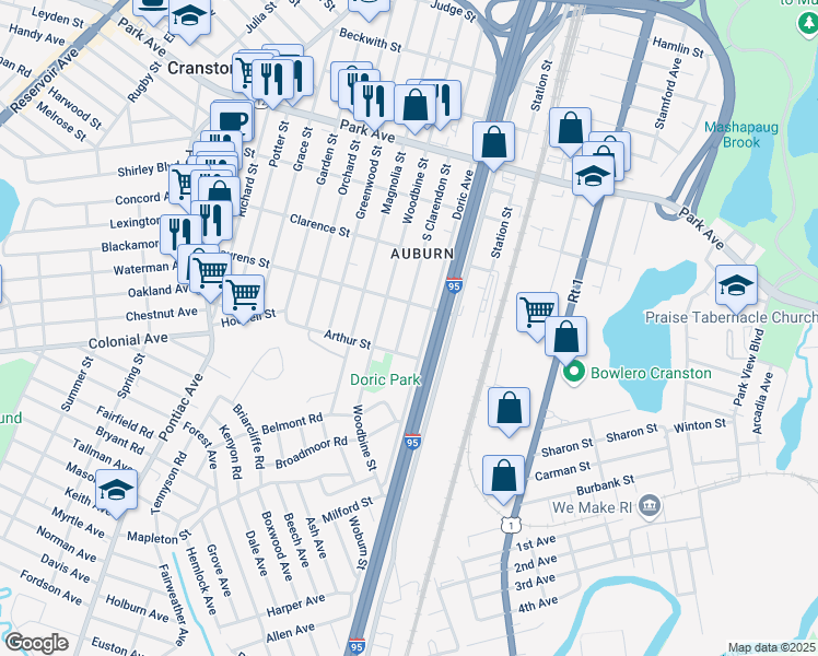 map of restaurants, bars, coffee shops, grocery stores, and more near 439 Doric Avenue in Cranston