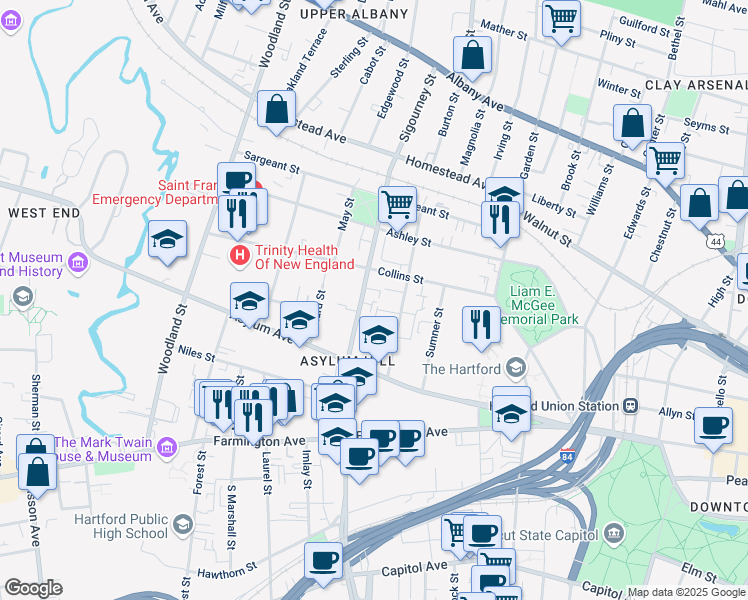 map of restaurants, bars, coffee shops, grocery stores, and more near 188 Sigourney Street in Hartford