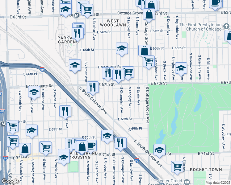 map of restaurants, bars, coffee shops, grocery stores, and more near 6735 South Saint Lawrence Avenue in Chicago