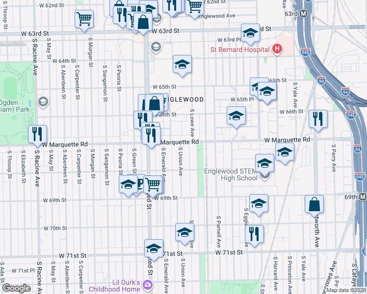 map of restaurants, bars, coffee shops, grocery stores, and more near 6716 South Union Avenue in Chicago