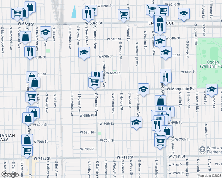 map of restaurants, bars, coffee shops, grocery stores, and more near 1917 West Marquette Road in Chicago