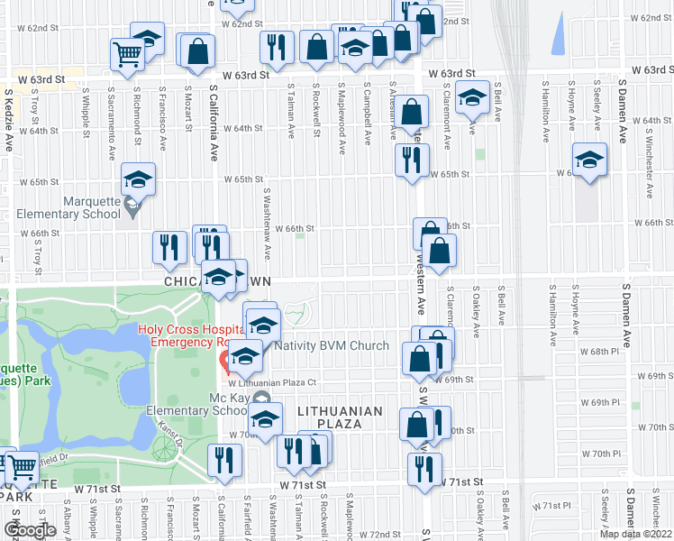 map of restaurants, bars, coffee shops, grocery stores, and more near 2524 West Marquette Road in Chicago