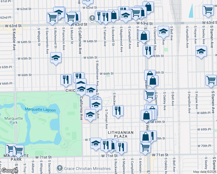 map of restaurants, bars, coffee shops, grocery stores, and more near 6658 South Rockwell Street in Chicago