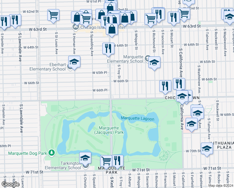 map of restaurants, bars, coffee shops, grocery stores, and more near 3134 West Marquette Road in Chicago