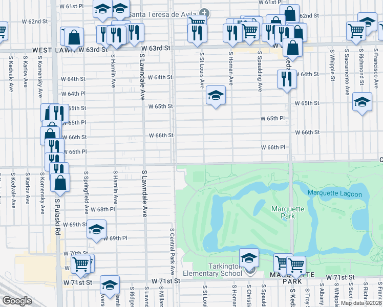 map of restaurants, bars, coffee shops, grocery stores, and more near 3520 West Marquette Road in Chicago