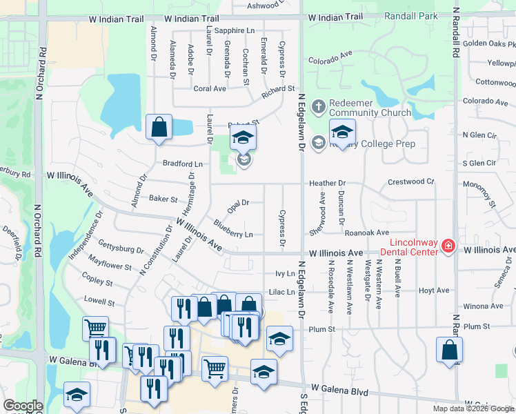 map of restaurants, bars, coffee shops, grocery stores, and more near 756 Redwood Drive in Aurora