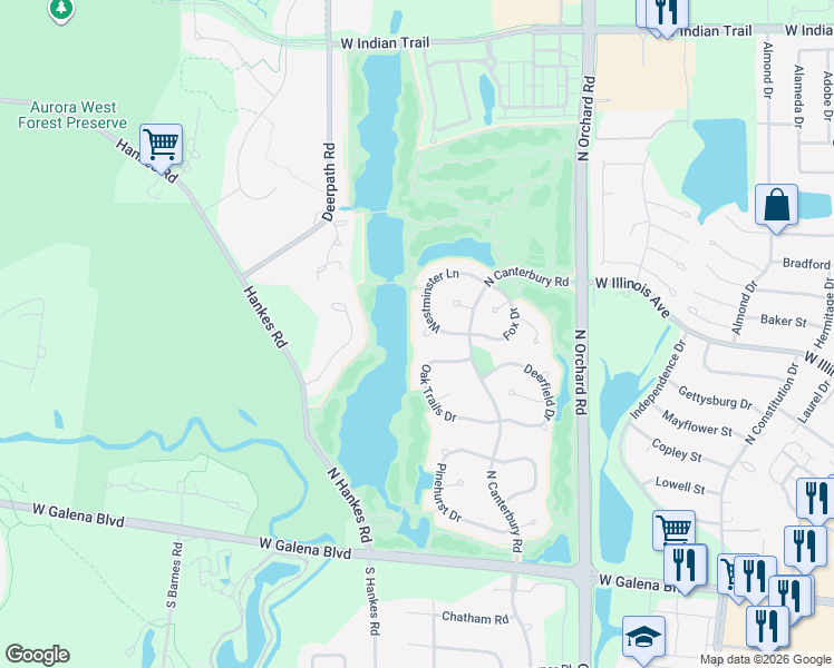 map of restaurants, bars, coffee shops, grocery stores, and more near 2516 Westminster Lane in Aurora