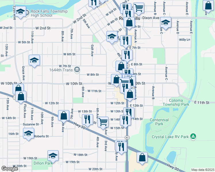 map of restaurants, bars, coffee shops, grocery stores, and more near 1002 5th Avenue in Rock Falls