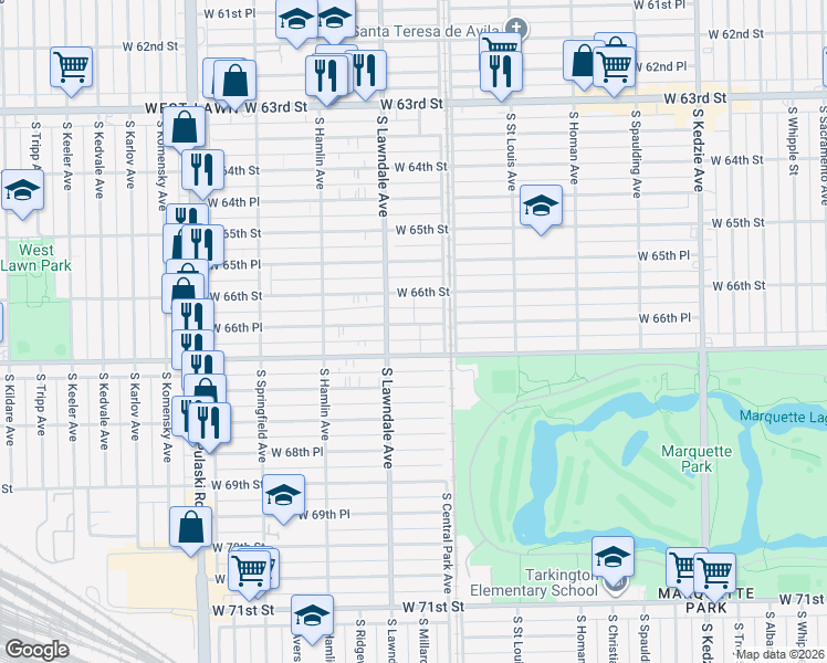 map of restaurants, bars, coffee shops, grocery stores, and more near 3629 West 66th Place in Chicago
