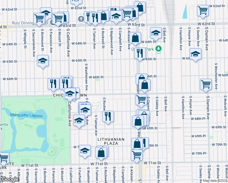 map of restaurants, bars, coffee shops, grocery stores, and more near 2524 West Marquette Road in Chicago