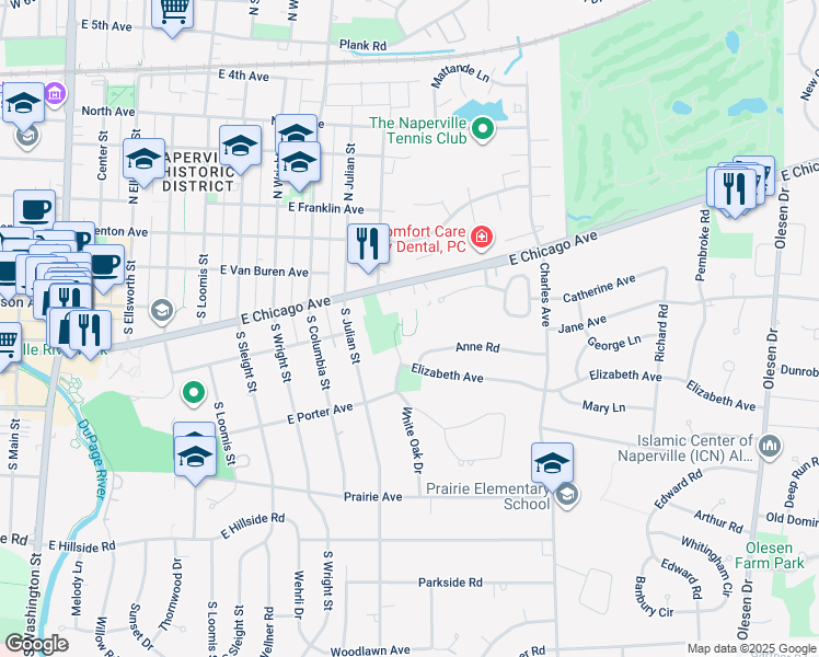 map of restaurants, bars, coffee shops, grocery stores, and more near 960 East Chicago Avenue in Naperville