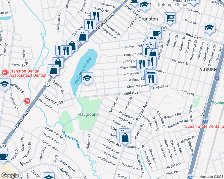map of restaurants, bars, coffee shops, grocery stores, and more near 112 Chestnut Avenue in Cranston