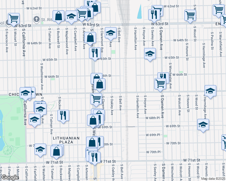 map of restaurants, bars, coffee shops, grocery stores, and more near 6653 South Oakley Avenue in Chicago