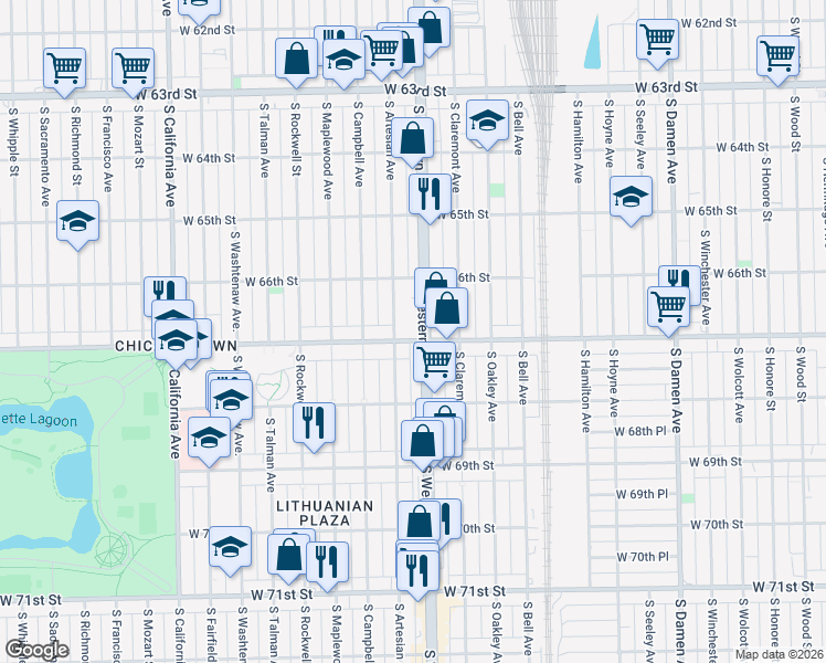 map of restaurants, bars, coffee shops, grocery stores, and more near 2408 West Marquette Road in Chicago