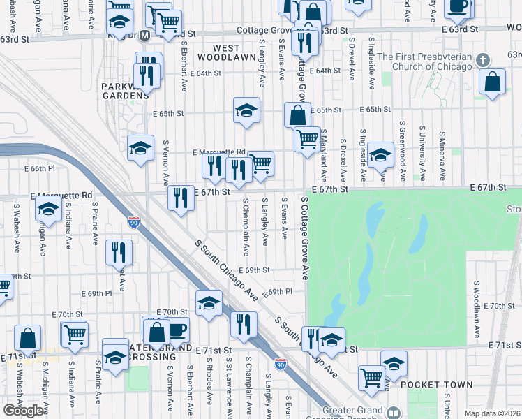 map of restaurants, bars, coffee shops, grocery stores, and more near 6735 South Champlain Avenue in Chicago