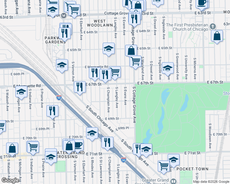 map of restaurants, bars, coffee shops, grocery stores, and more near 6735 South Champlain Avenue in Chicago