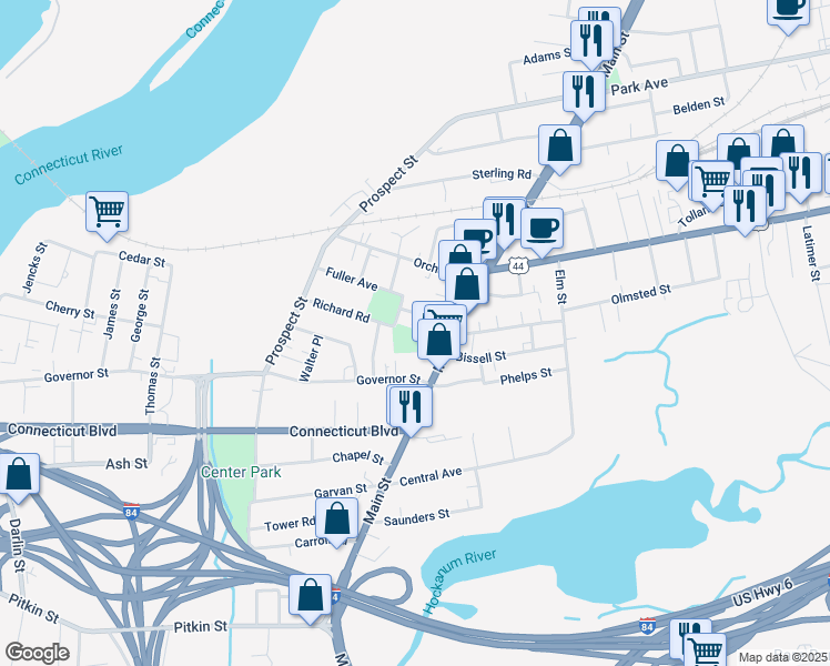 map of restaurants, bars, coffee shops, grocery stores, and more near 1017 Main Street in East Hartford