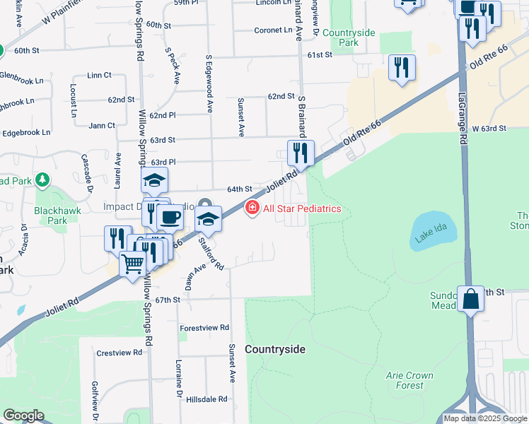 map of restaurants, bars, coffee shops, grocery stores, and more near 6406 Joliet Road in Countryside