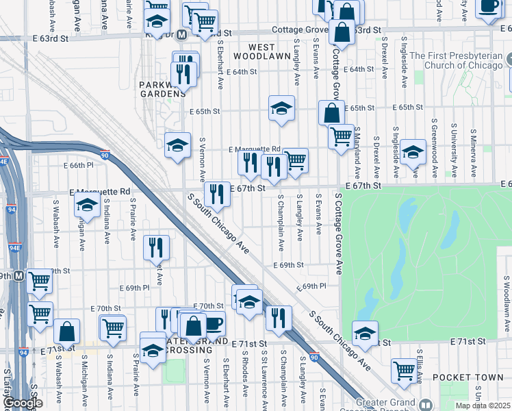 map of restaurants, bars, coffee shops, grocery stores, and more near 6735 South Saint Lawrence Avenue in Chicago