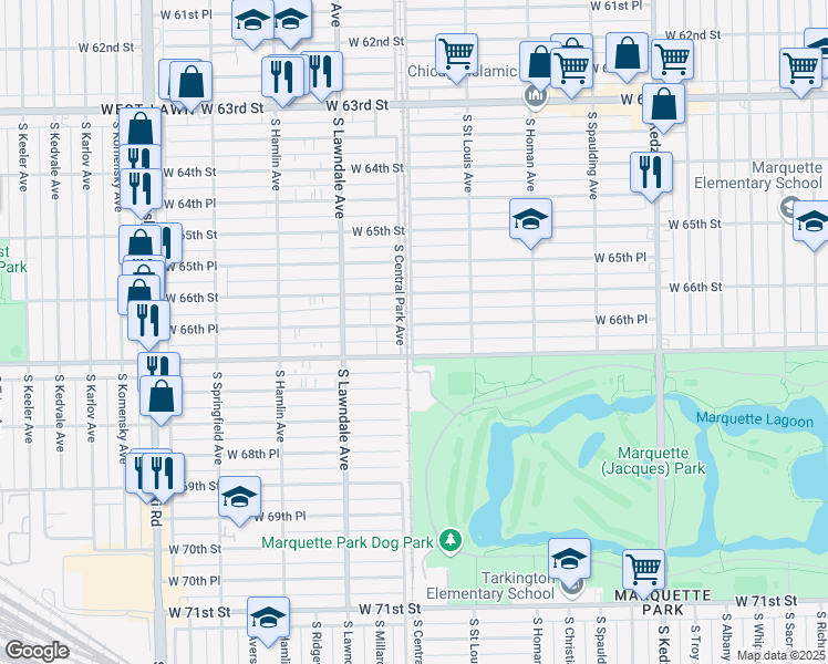map of restaurants, bars, coffee shops, grocery stores, and more near 3555 West 66th Place in Chicago