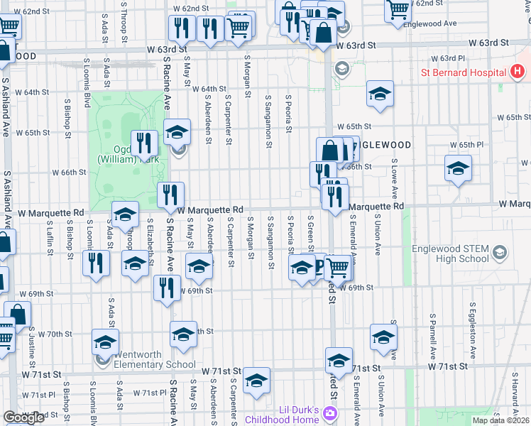 map of restaurants, bars, coffee shops, grocery stores, and more near 935 West Marquette Road in Chicago