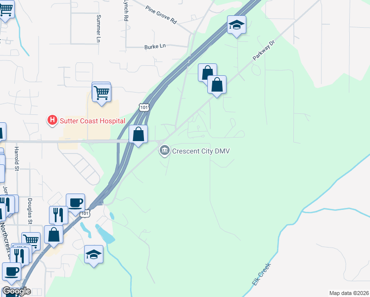 map of restaurants, bars, coffee shops, grocery stores, and more near 1311 East Washington Boulevard in Crescent City