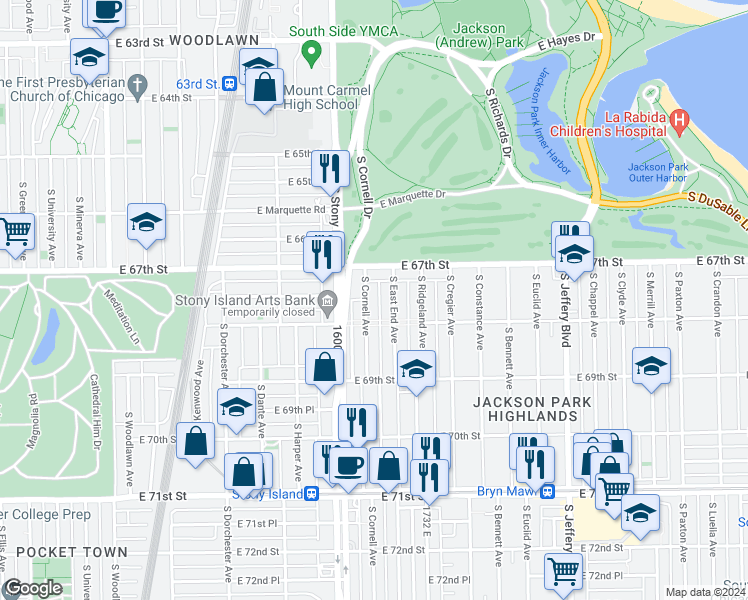 map of restaurants, bars, coffee shops, grocery stores, and more near 6735 South Cornell Avenue in Chicago