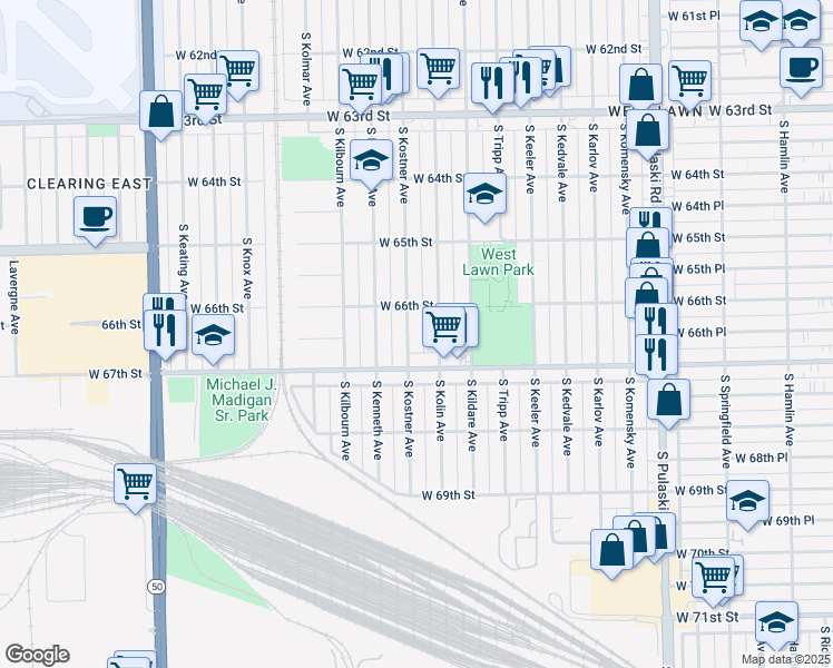 map of restaurants, bars, coffee shops, grocery stores, and more near 6625 South Kostner Avenue in Chicago